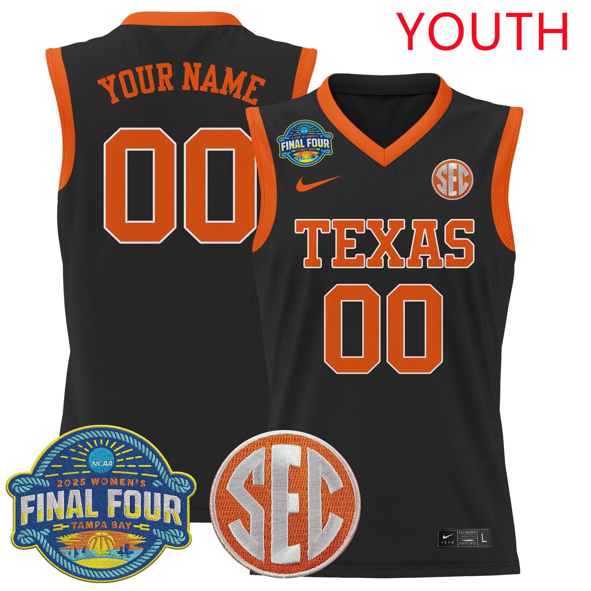 Youth Texas Longhorns Black 2025 Nike Final Four Patch Lightweight Basketball Custom NCAA Jersey